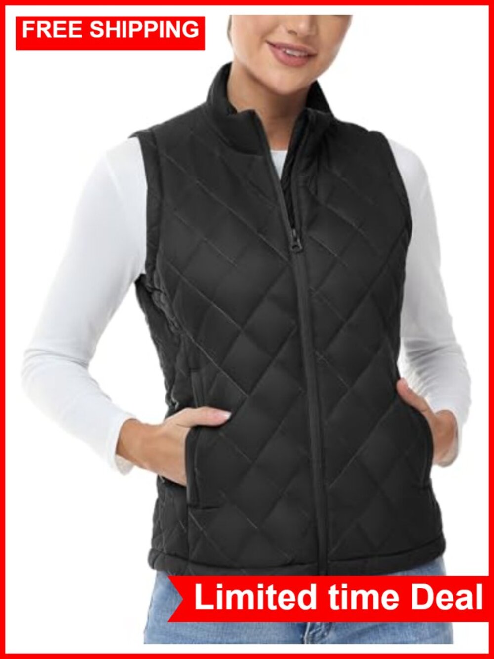 Quilted Puffer Vest Sleeveless Zip Up Stand Collar Lightweight Warm